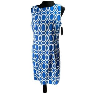 ALYX dress Blue White Geometric Print Sleeveless Sheath Knee Length Size 14 twee